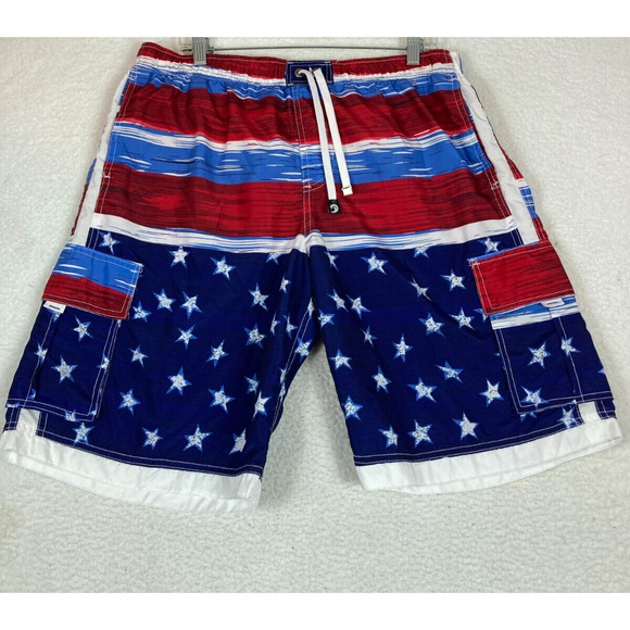 B. Split Mesh Lined Swim Trunks Men’s XXL Red White Blue - Picture 1 of 16